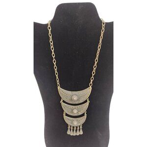 Boho Statement Necklace With Tiered Crescent Design & Dangling Charms